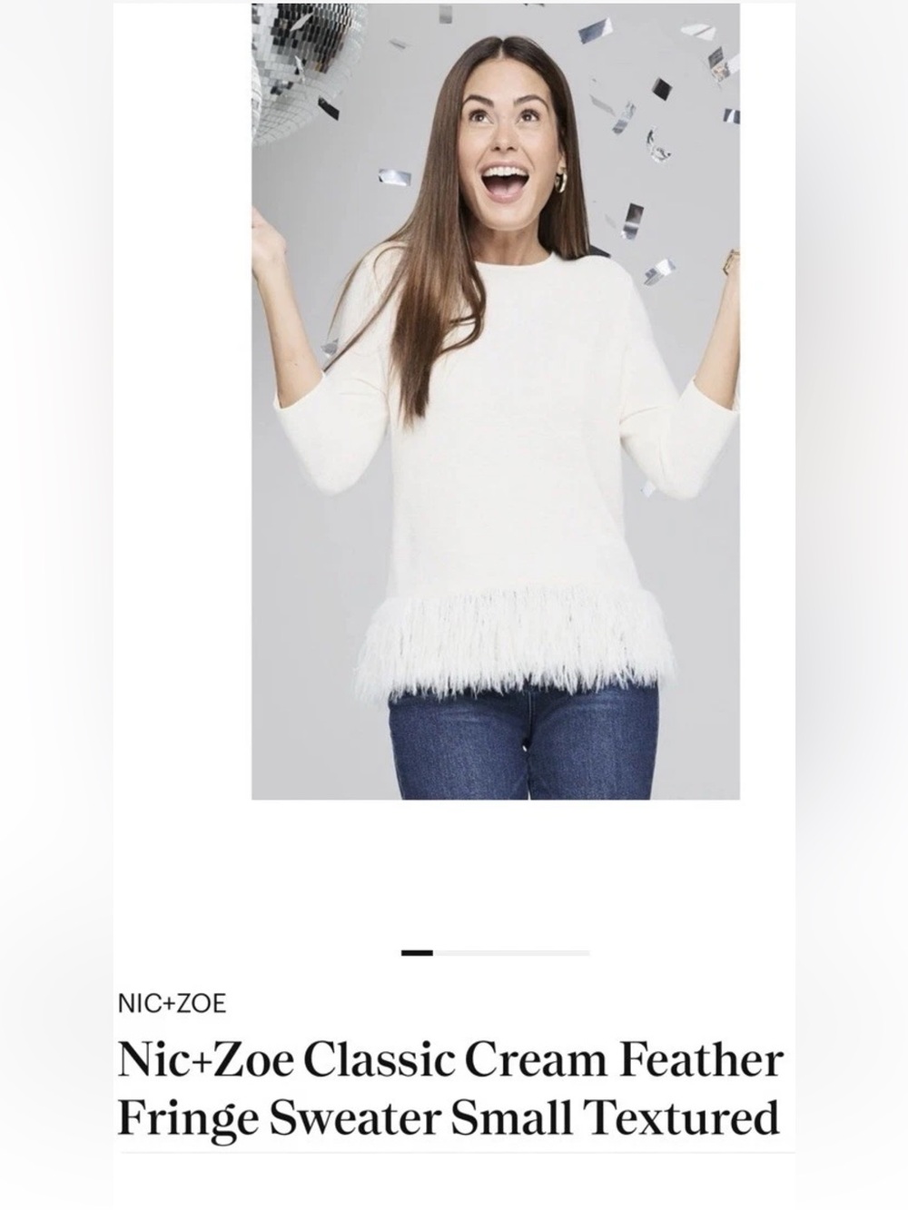Nic+Zoe Classic Cream Feather Fringe Sweater Small Textured Knit NWT